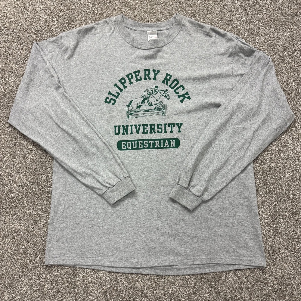 Y2K Slippery Rock University Shirt Mens XL Gray Equestrian Anvil Long Sleeve